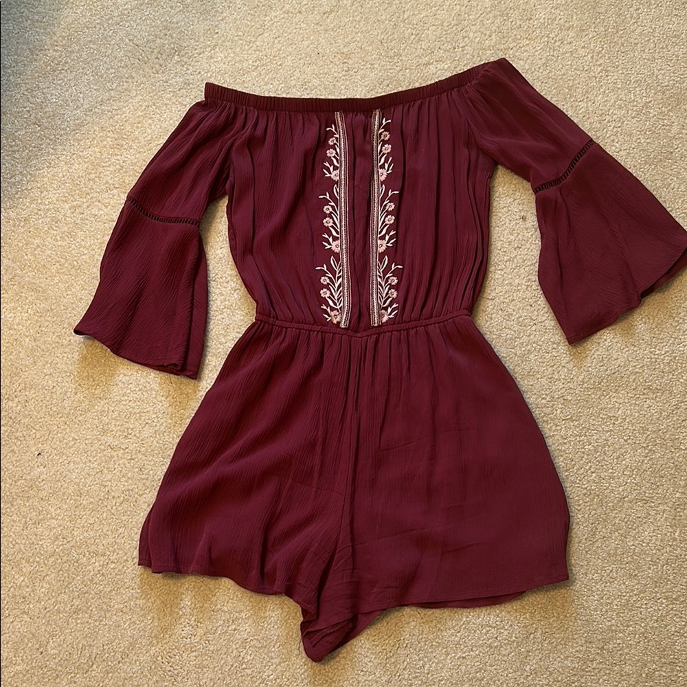 Maroon Off-Shoulder Romper with Textured Fabric